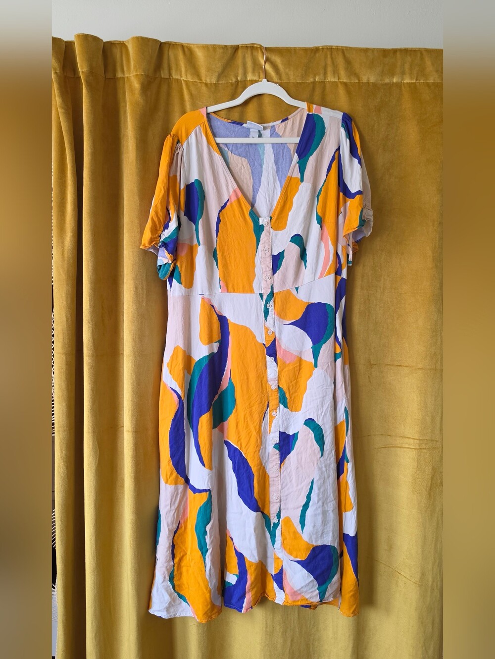 Vibrant Abstract-Print Button-Front Dress in Mustard & Blue